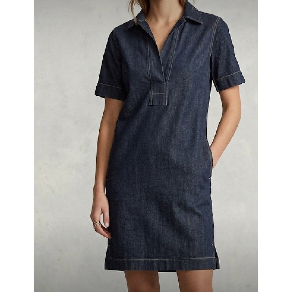 Lauren Ralph Lauren Womens Dress Dark Blue Denim Midi Pockets Collar Size XXS...